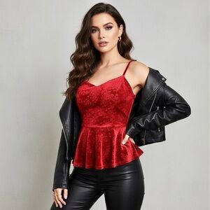 Red Velvet Peplum Cami Top Sz‎ L Sweetheart Built-In Bra Y2K Coquette Whimsygoth